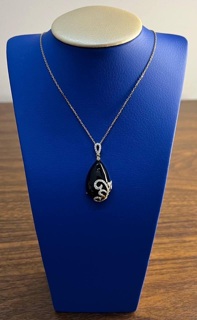 Black Onyx Cabochon Diamond 18 Karat Yellow Gold Floral Swirl Necklace Pendant For Sale 2