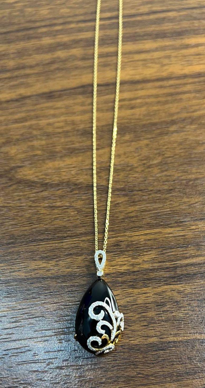 Black Onyx Cabochon Diamond 18 Karat Yellow Gold Floral Swirl Necklace Pendant For Sale 3