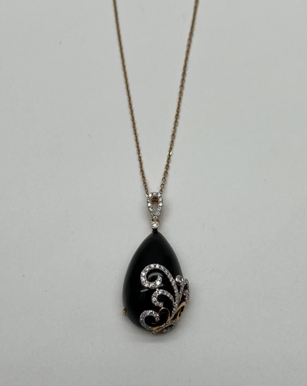 Black Onyx Cabochon Diamond 18 Karat Yellow Gold Floral Swirl Necklace Pendant For Sale 5