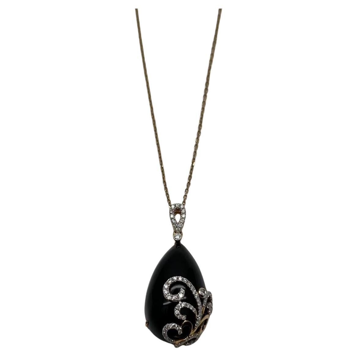 Black Onyx Cabochon Diamond 18 Karat Yellow Gold Floral Swirl Necklace Pendant For Sale