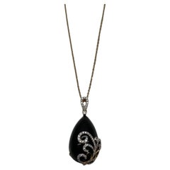 Halskette mit Anhänger, schwarzer Onyx Cabochon Diamant 18 Karat Gelbgold Floral Swirl