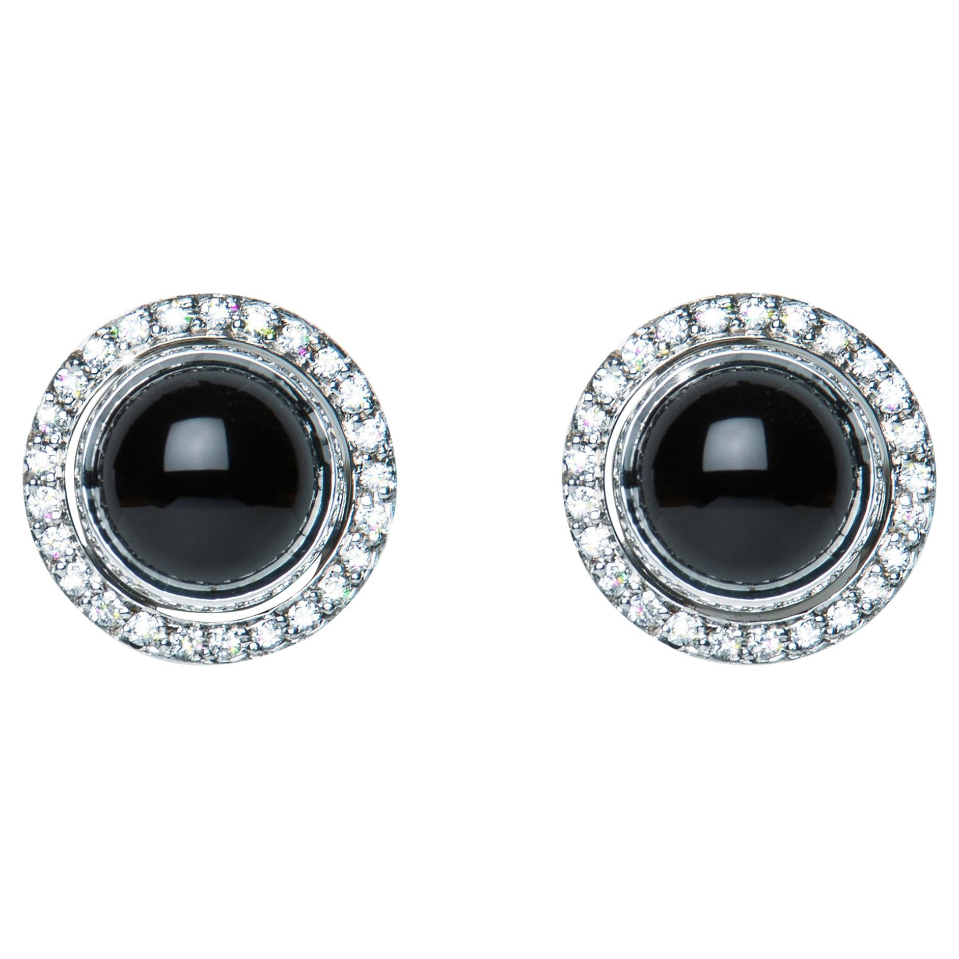 Black Onyx Cabochon Diamond 9 Karat White Gold Stud Earrings Natalie Barney For Sale