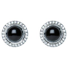 Black Onyx Cabochon Diamond 9 Karat White Gold Stud Earrings Natalie Barney