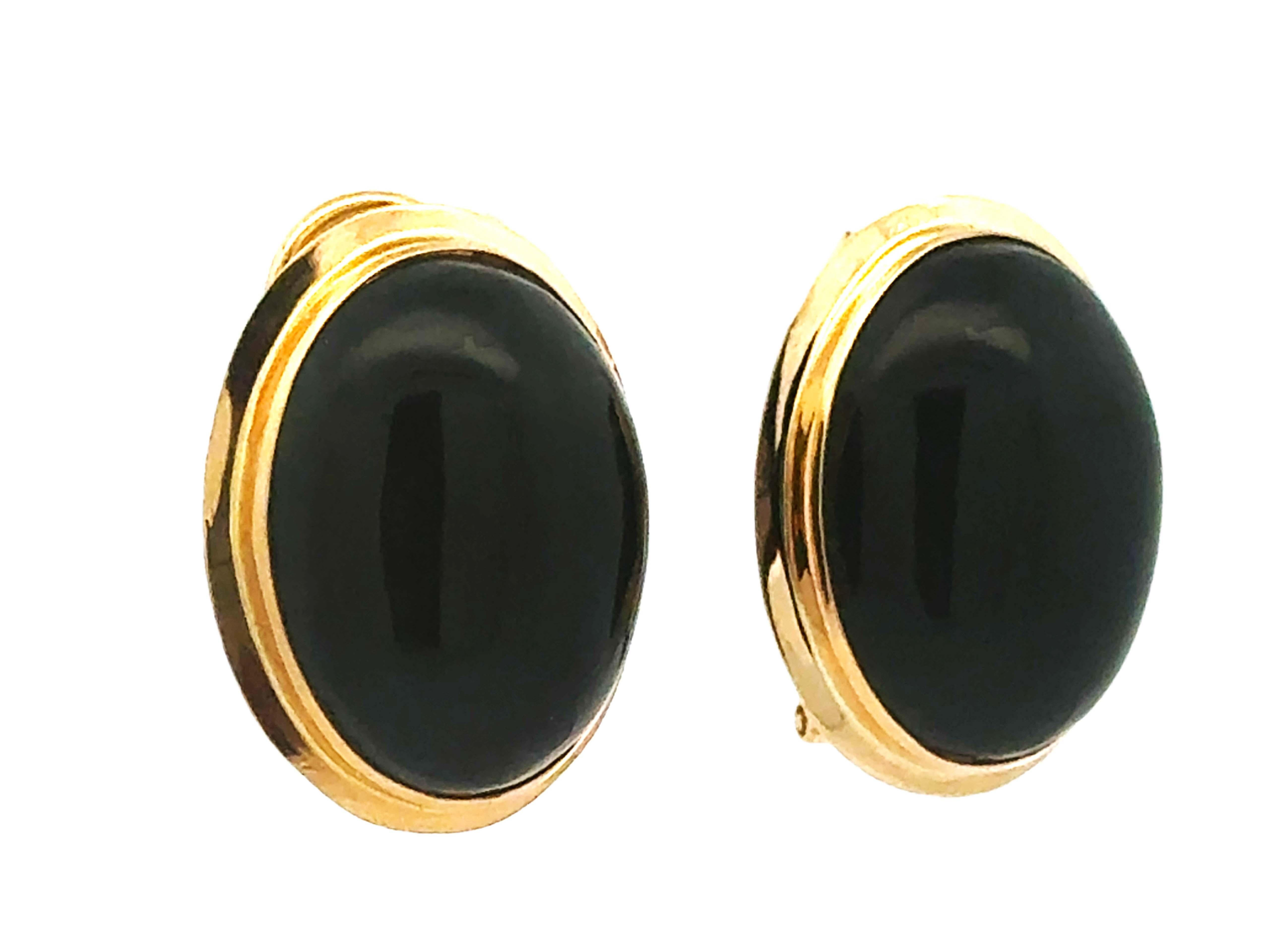 Modern Black Onyx Cabochon LeverBack Earrings 14k Yellow Gold For Sale
