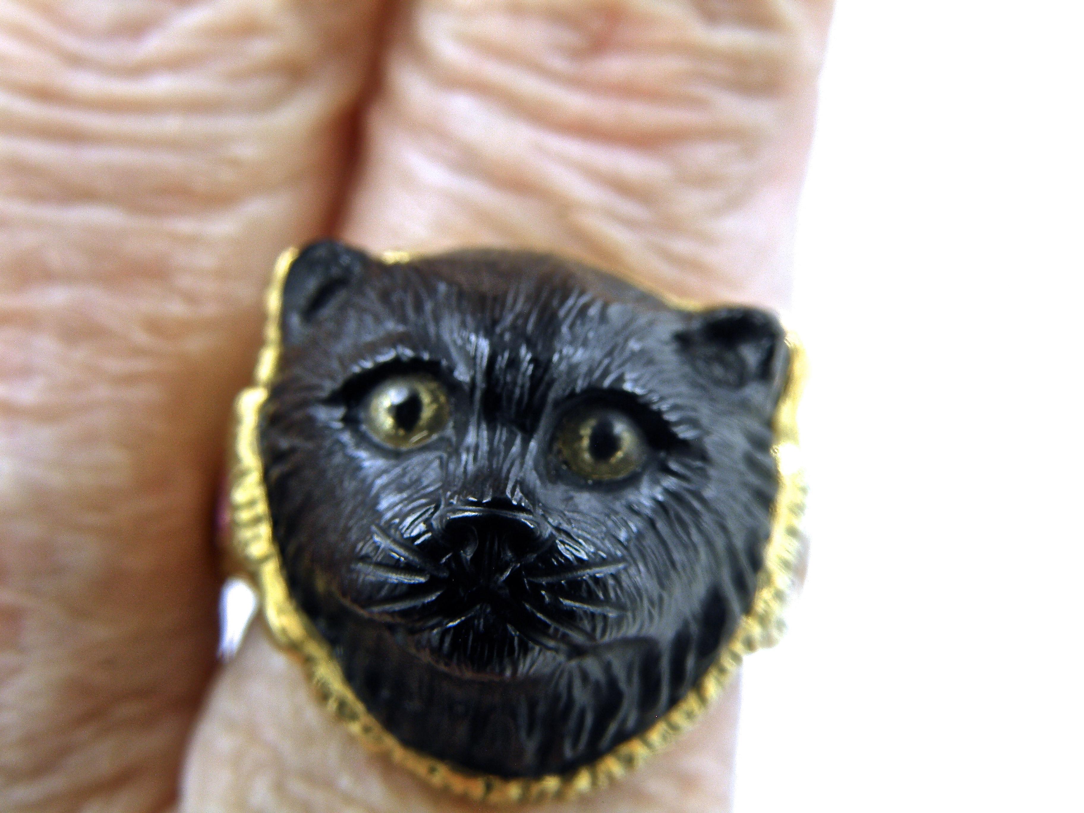 Contemporary Black Onyx cat with pink sapphire band ring For Sale
