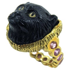 Black Onyx cat with pink sapphire band ring