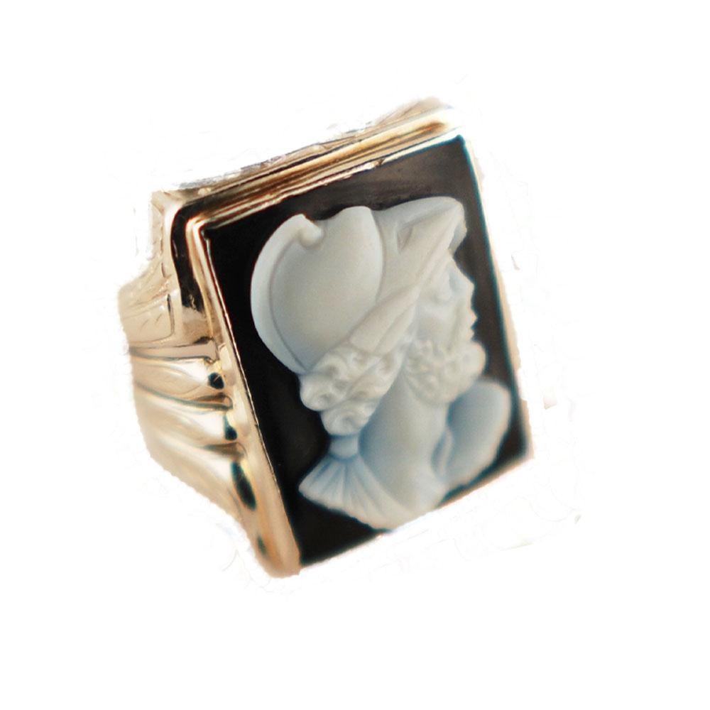  Black Onyx Cameo Intaglio Ring & Chalcedony natural white carved portrait.

 The top of the ring measures  22.40 x 16 mm—ring size 8.5. Metal is ten karats white gold.

Onyx is in good condition. The ring is etched, scrolling on a wide graduated