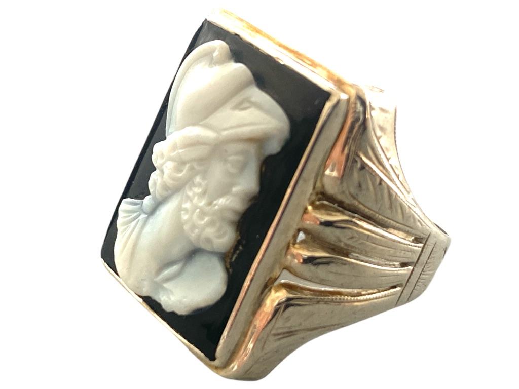 Renaissance Black Onyx Chalcedony Intaglio Portrait Ring, White Gold Circa 1970's