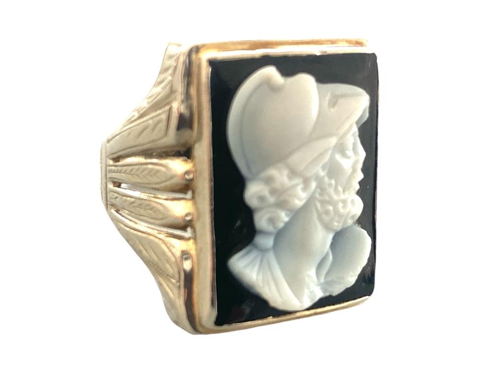 Emerald Cut Black Onyx Chalcedony Intaglio Portrait Ring, White Gold Circa 1970's