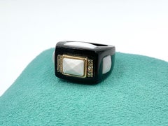 Black Onyx Checkerboard White Onyx 10 Diamond Ring Retro 14 Karat Gold