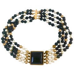 Vintage Black Onyx Choker with Cultured Pearls and 14K Yellow Gold Findings and Clasp