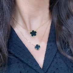 Black Onyx Clover 14 Karat Yellow Gold Beaded Edge Chain Necklace