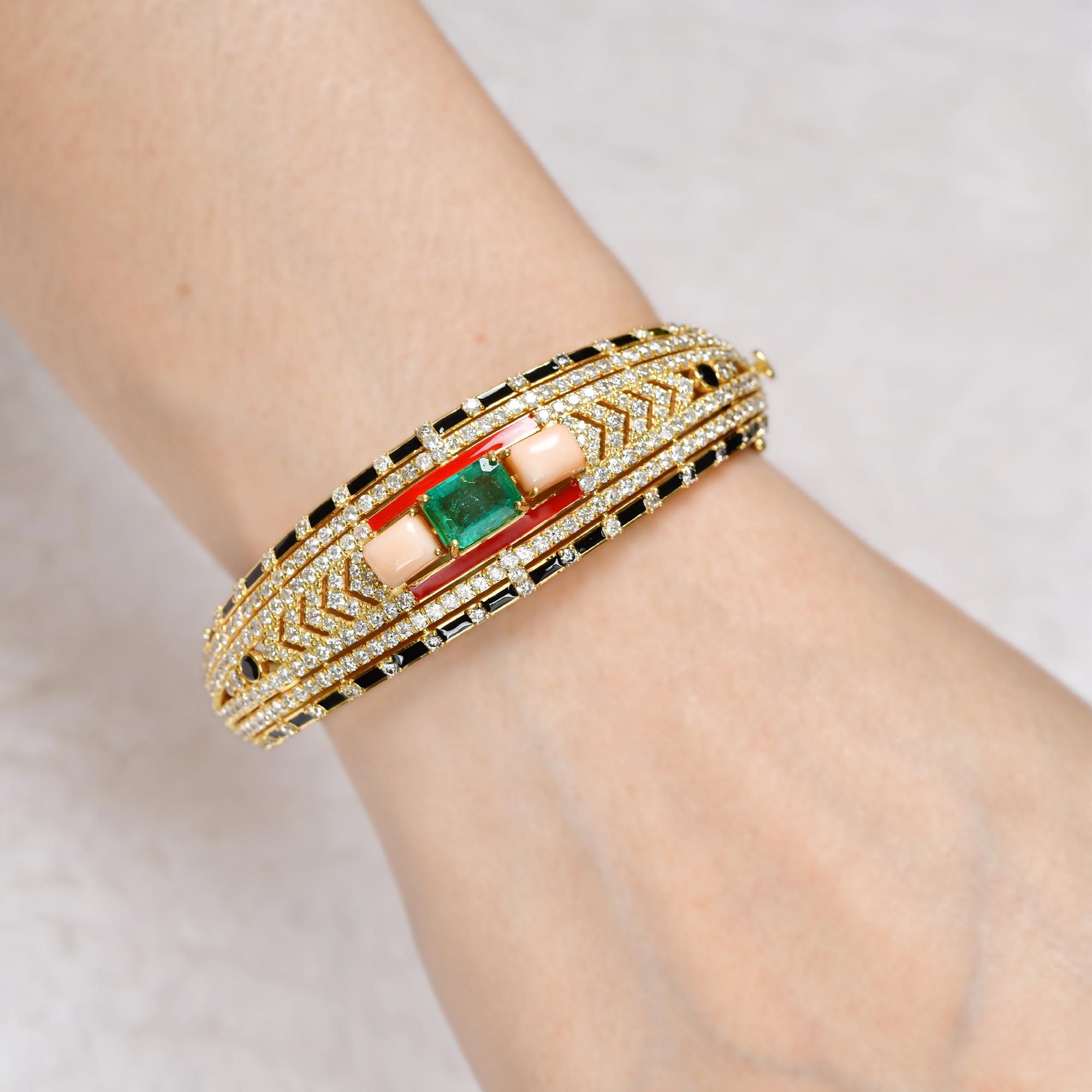 Modern Black Onyx Coral Emerald Bangle Bracelet Diamond 18k Yellow Gold Enamel Jewelry For Sale