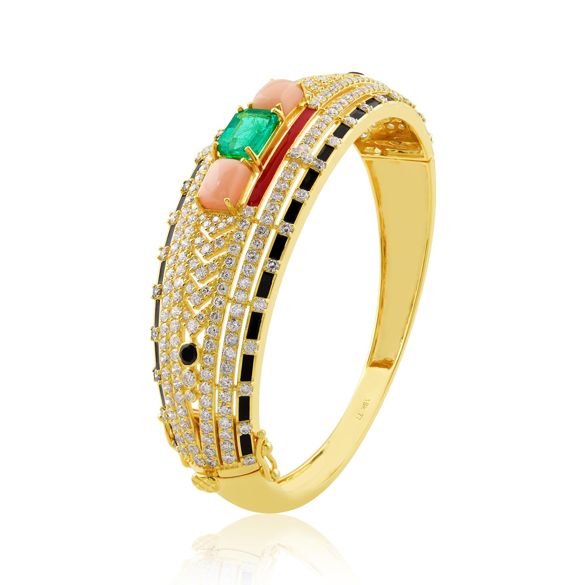 Round Cut Black Onyx Coral Emerald Bangle Bracelet Diamond 18k Yellow Gold Enamel Jewelry For Sale