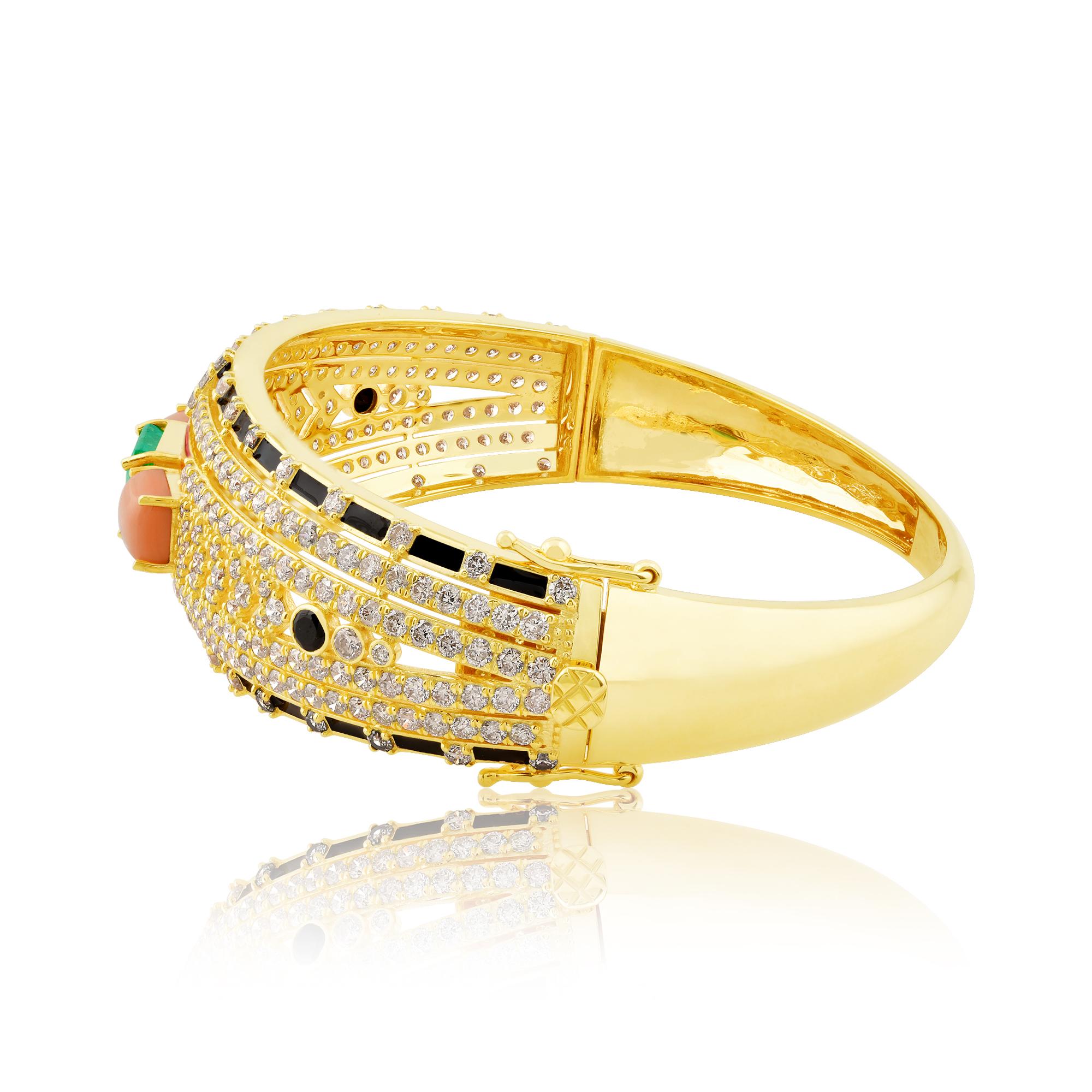Modern Black Onyx Coral Emerald Bangle Bracelet Diamond 18k Yellow Gold Enamel Jewelry For Sale