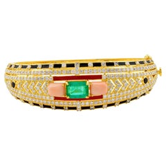 Black Onyx Coral Emerald Bangle Bracelet Diamond 18k Yellow Gold Enamel Jewelry