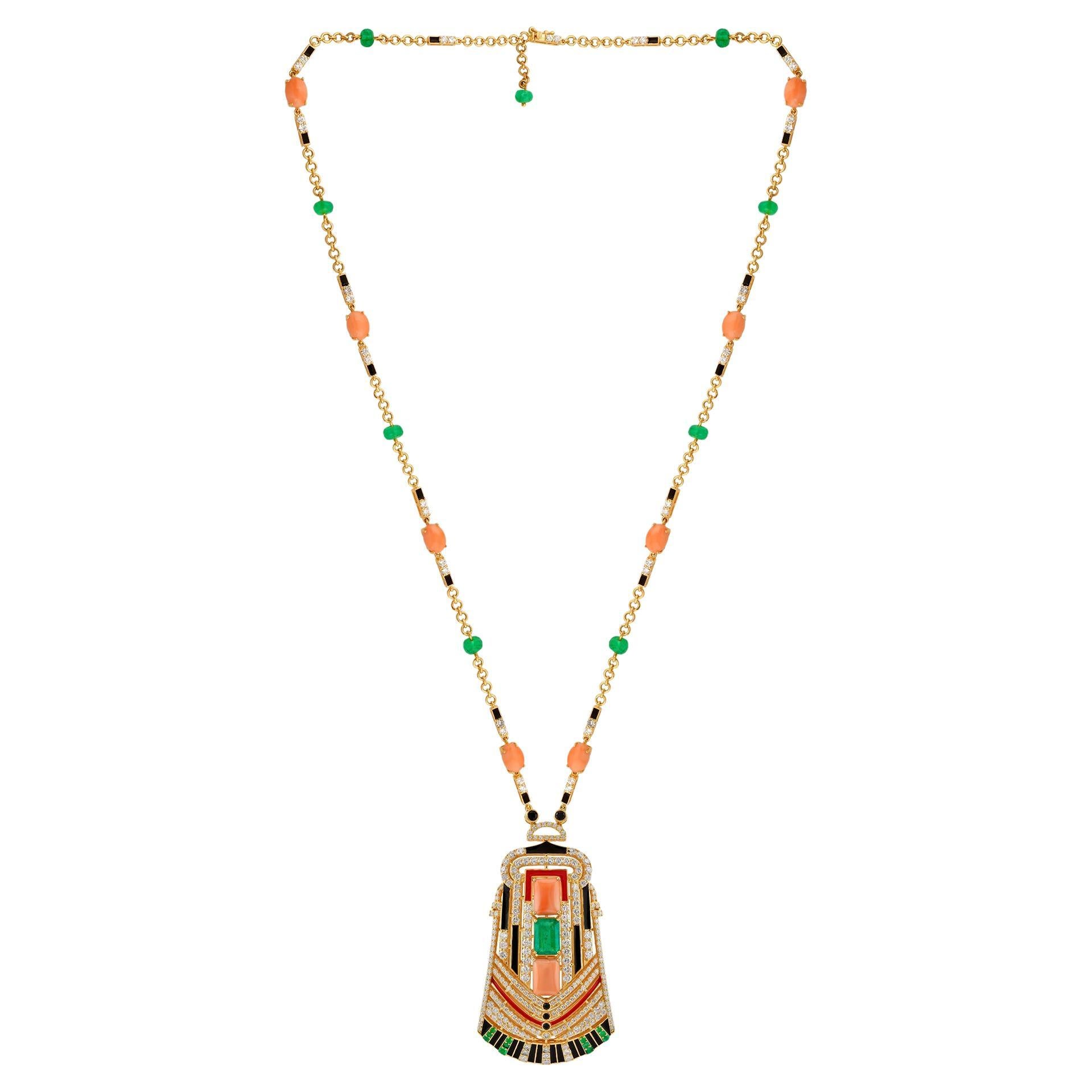 Ciondolo di smeraldo di corallo di onice nero Collana fine in oro giallo 14k Gioielli con diamanti in vendita