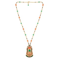 Black Onyx Coral Emerald Pendant Fine Necklace 14k Yellow Gold Diamond Jewelry