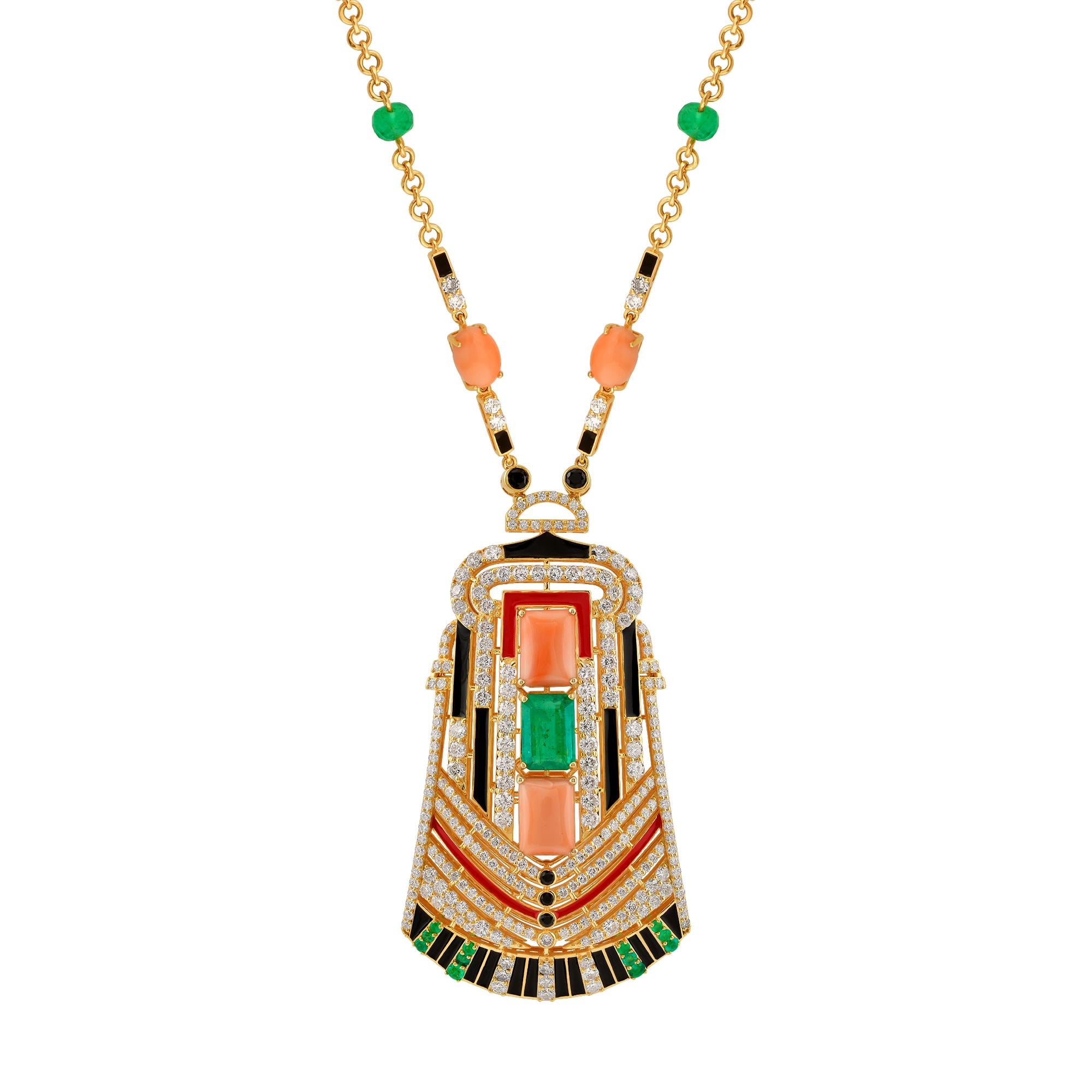 Introducing the captivating Black Onyx Coral Emerald Pendant Fine Necklace, a truly remarkable piece of fine jewelry that embodies luxury and style. Expertly crafted with meticulous attention to detail, this necklace showcases a harmonious fusion of