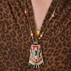 Natural Emerald Black Onyx Coral Pendant Necklace 18k Gold Diamond HRD Certified