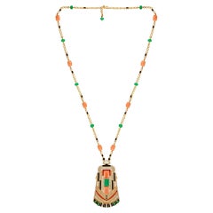 Black Onyx Coral Emerald Pendant Fine Necklace 18k Yellow Gold Diamond Jewelry