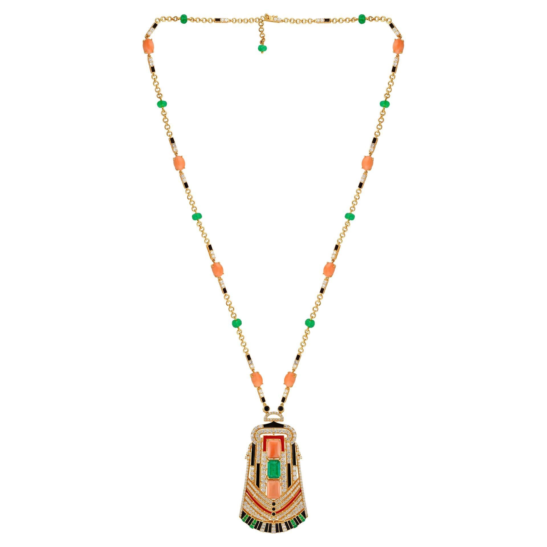 Black Onyx Coral Emerald Pendant Fine Necklace 18k Yellow Gold Diamond Jewelry