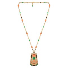 Black Onyx Coral Emerald Pendant Fine Necklace 18k Yellow Gold Diamond Jewelry