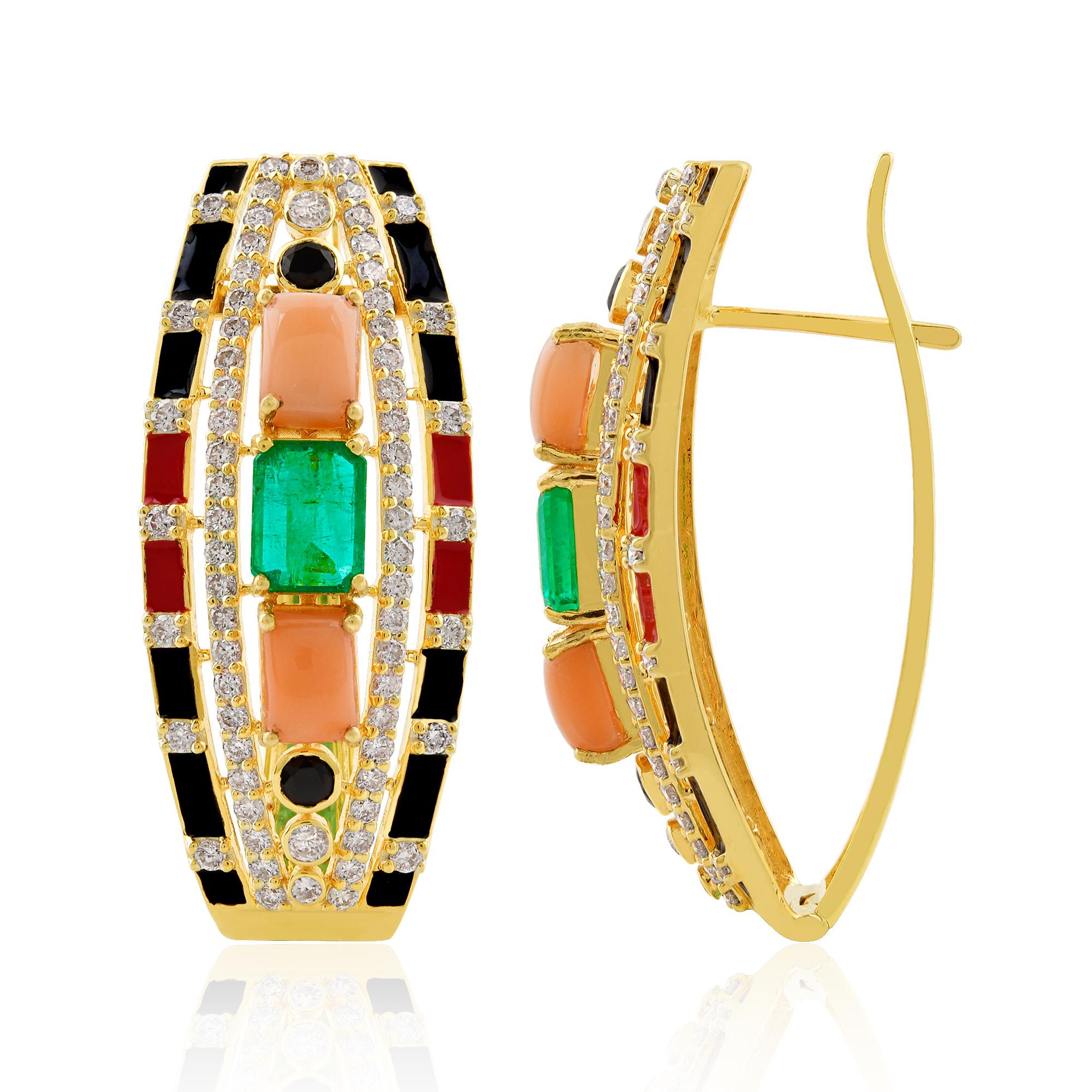 Item Code :- SEE-11743
Gross Wt :- 14.26 gm
18k Solid Yellow Gold Wt :- 12.95 gm
Natural Diamond Wt :- 1.85 ct.  ( AVERAGE DIAMOND CLARITY SI1-SI2 & COLOR H-I )
Coral & Emerald Wt :- 4.69 ct.
Earrings Size :- 36 mm approx.

✦