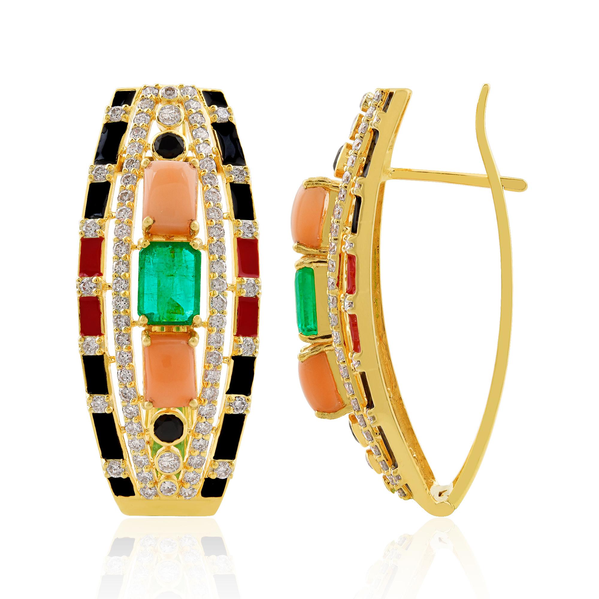 Cast from 18-karat gold, these exquisite earrings are handset with 4.69 carats coral & Zambian emerald and 1.85 carats of sparkling diamonds.

FOLLOW SPECTRUM JEWELS storefront to view the latest collection & exclusive pieces. Spectrum Jewels is