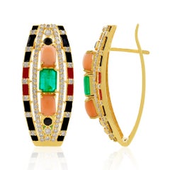 Black Onyx Coral Emerald Stud Earrings Diamond 18k Yellow Gold Enamel Jewelry