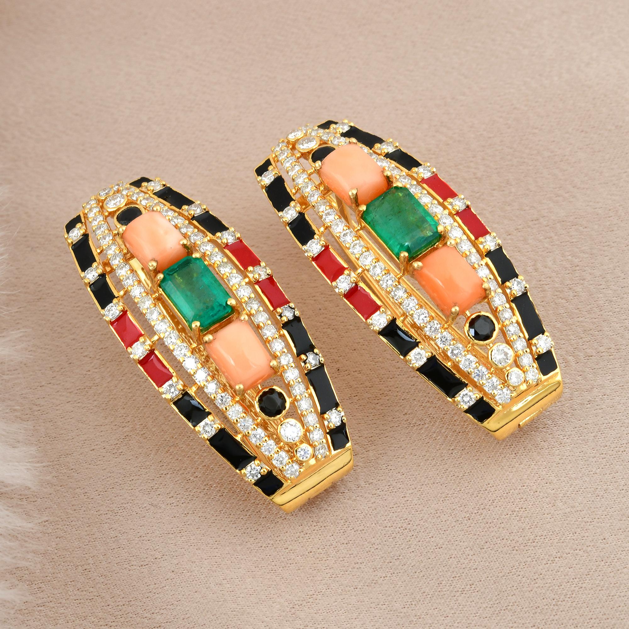 Modern Black Onyx Coral Emerald Stud Earrings Diamond 18k Yellow Gold Enamel Jewelry For Sale
