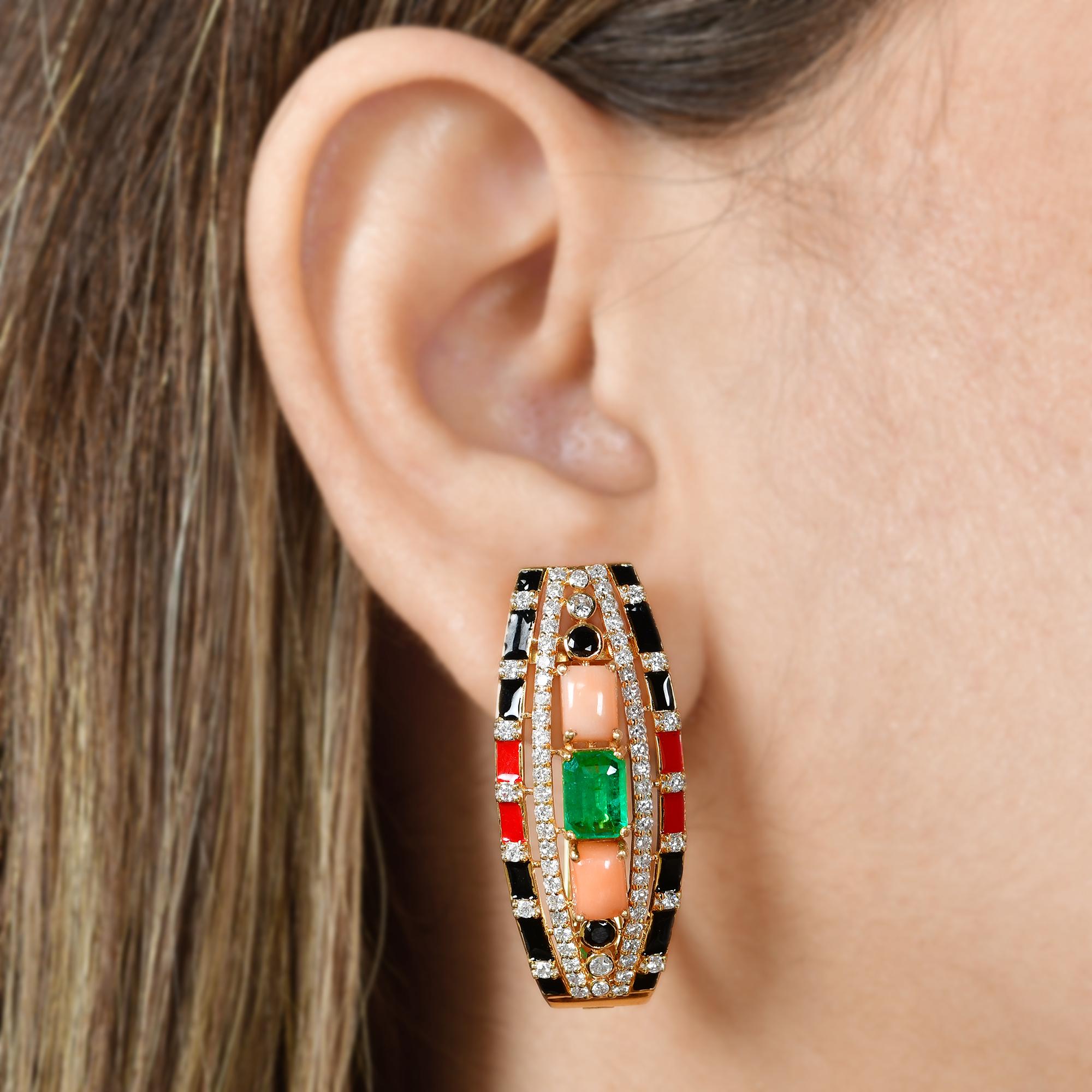 Round Cut Black Onyx Coral Emerald Stud Earrings Diamond 18k Yellow Gold Enamel Jewelry For Sale