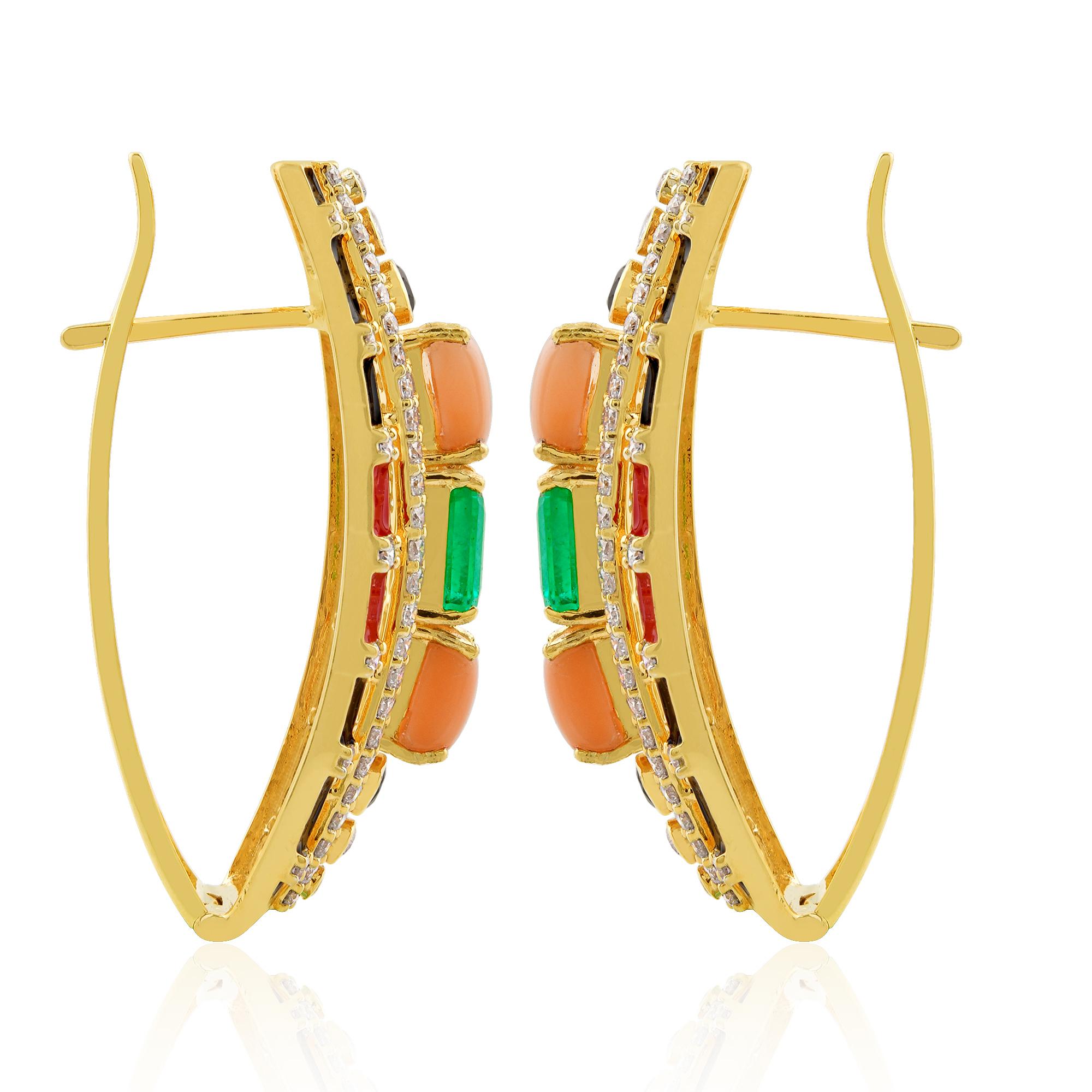 Modern Black Onyx Coral Emerald Stud Earrings Diamond 18k Yellow Gold Enamel Jewelry For Sale