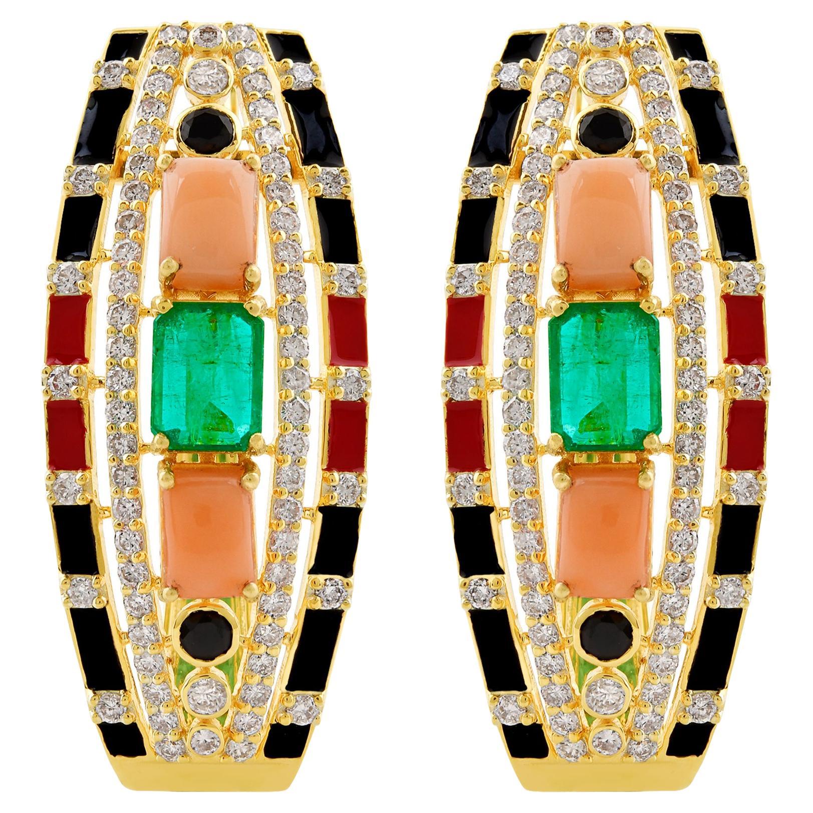 Black Onyx Coral Emerald Stud Earrings Diamond 18k Yellow Gold Enamel Jewelry For Sale