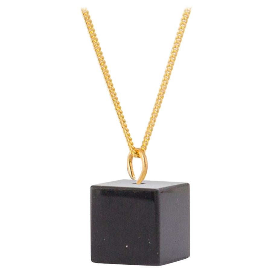 Black Onyx Cube on 18 Karat Gold Necklace For Sale