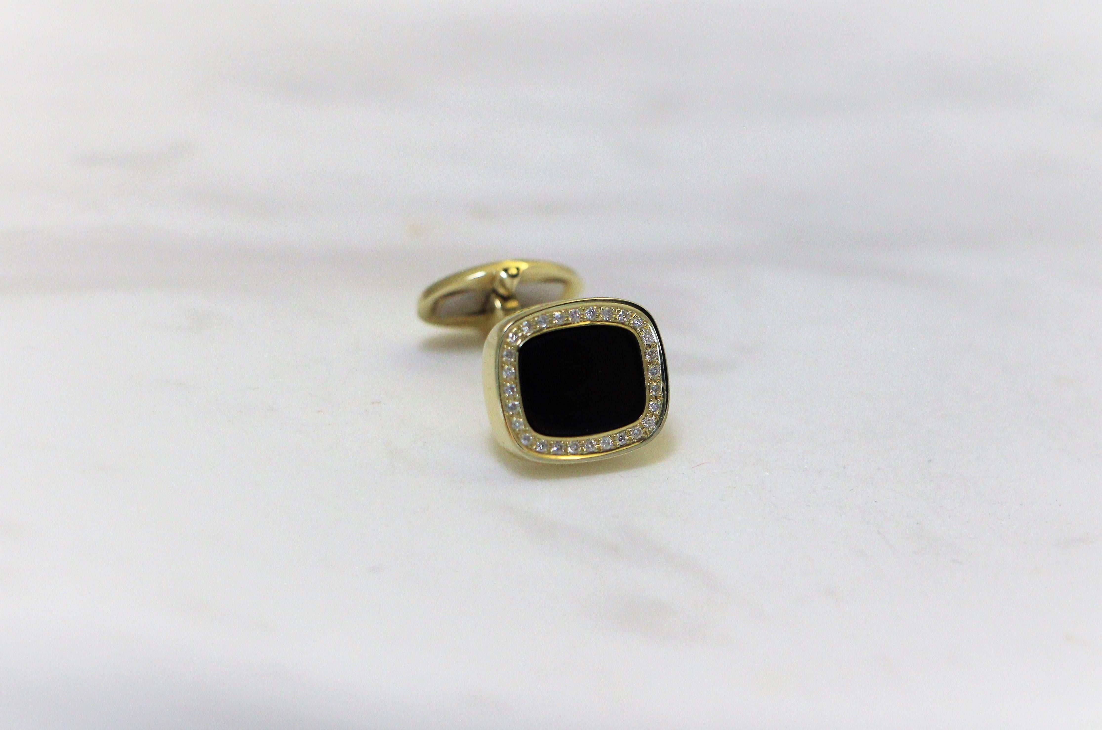 Contemporary Black Onyx Cufflinks with Brilliant Cut Diamonds in 14Kt Yellow Gold For Sale