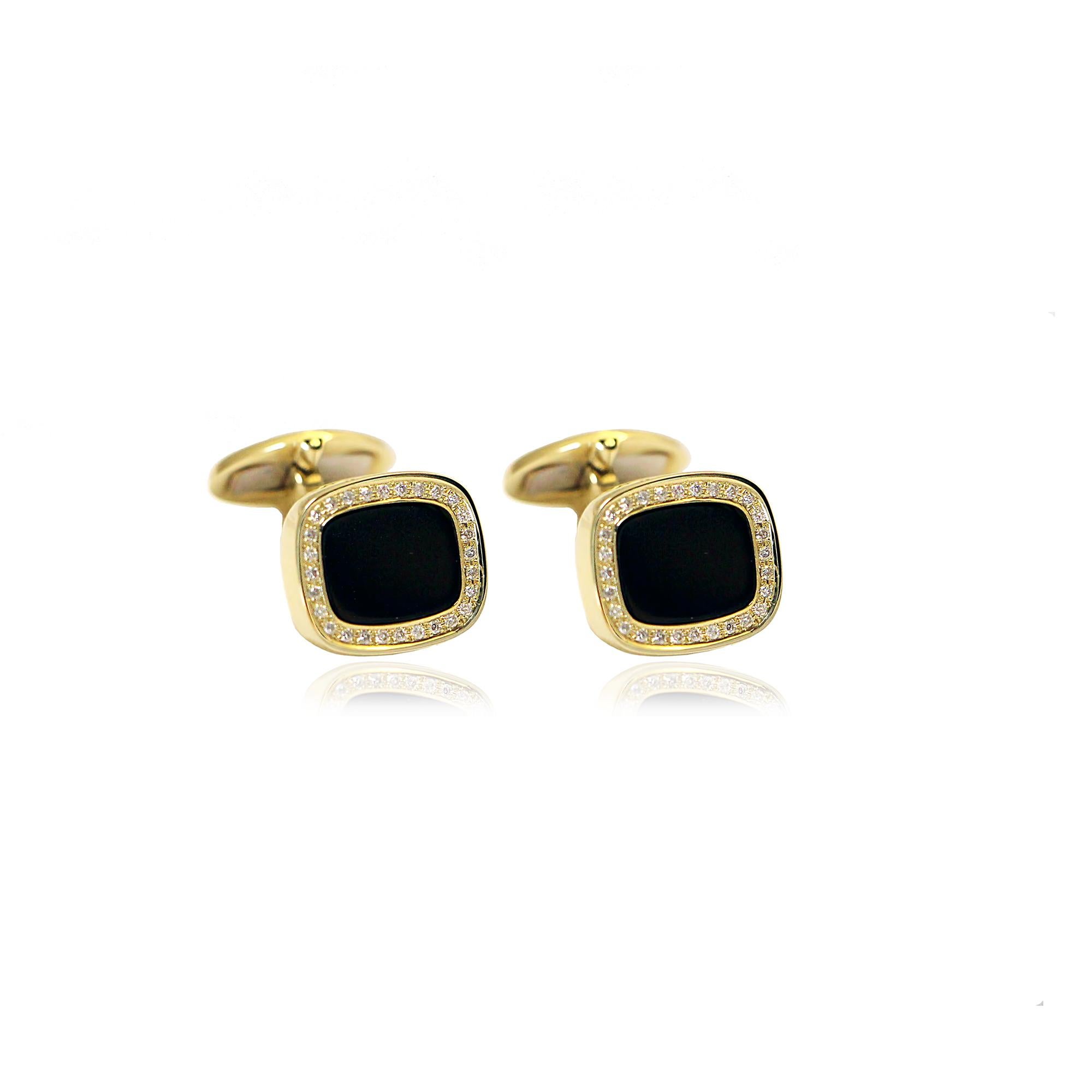 Black Onyx Cufflinks with Brilliant Cut Diamonds in 14Kt Yellow Gold In New Condition For Sale In Athens, GR