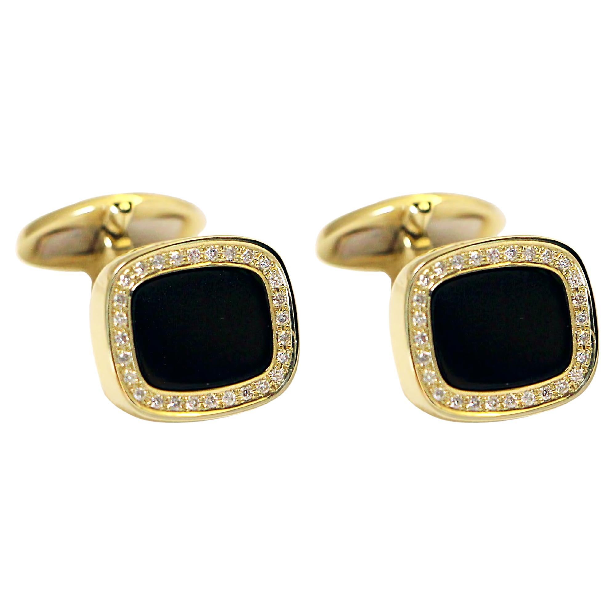 Black Onyx Cufflinks with Brilliant Cut Diamonds in 14Kt Yellow Gold For Sale