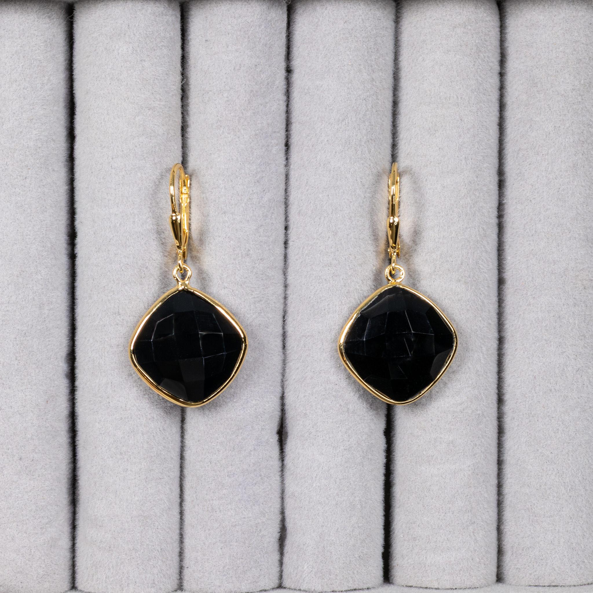 Contemporain Boucles d'oreilles pendantes en onyx noir 19,5 carats plaqué or jaune 18K A Silver en vente