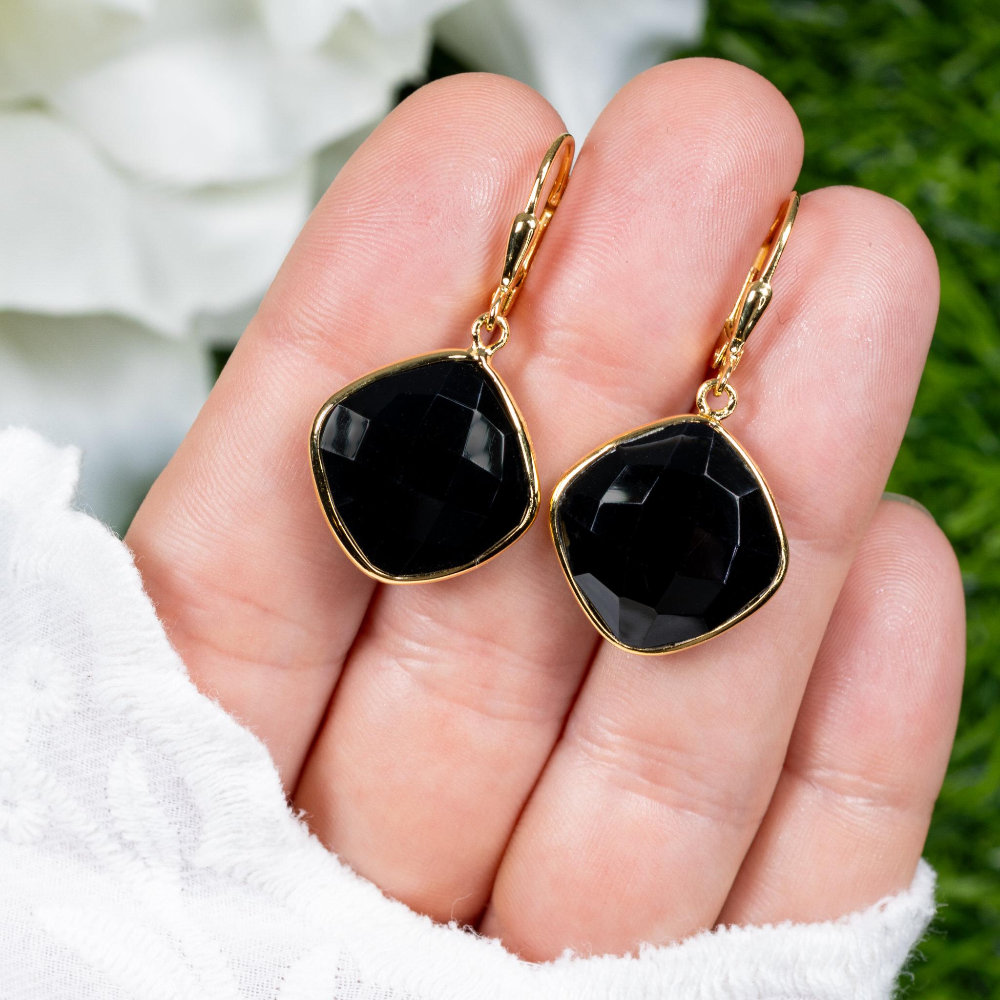 Taille rose Boucles d'oreilles pendantes en onyx noir 19,5 carats plaqué or jaune 18K A Silver en vente