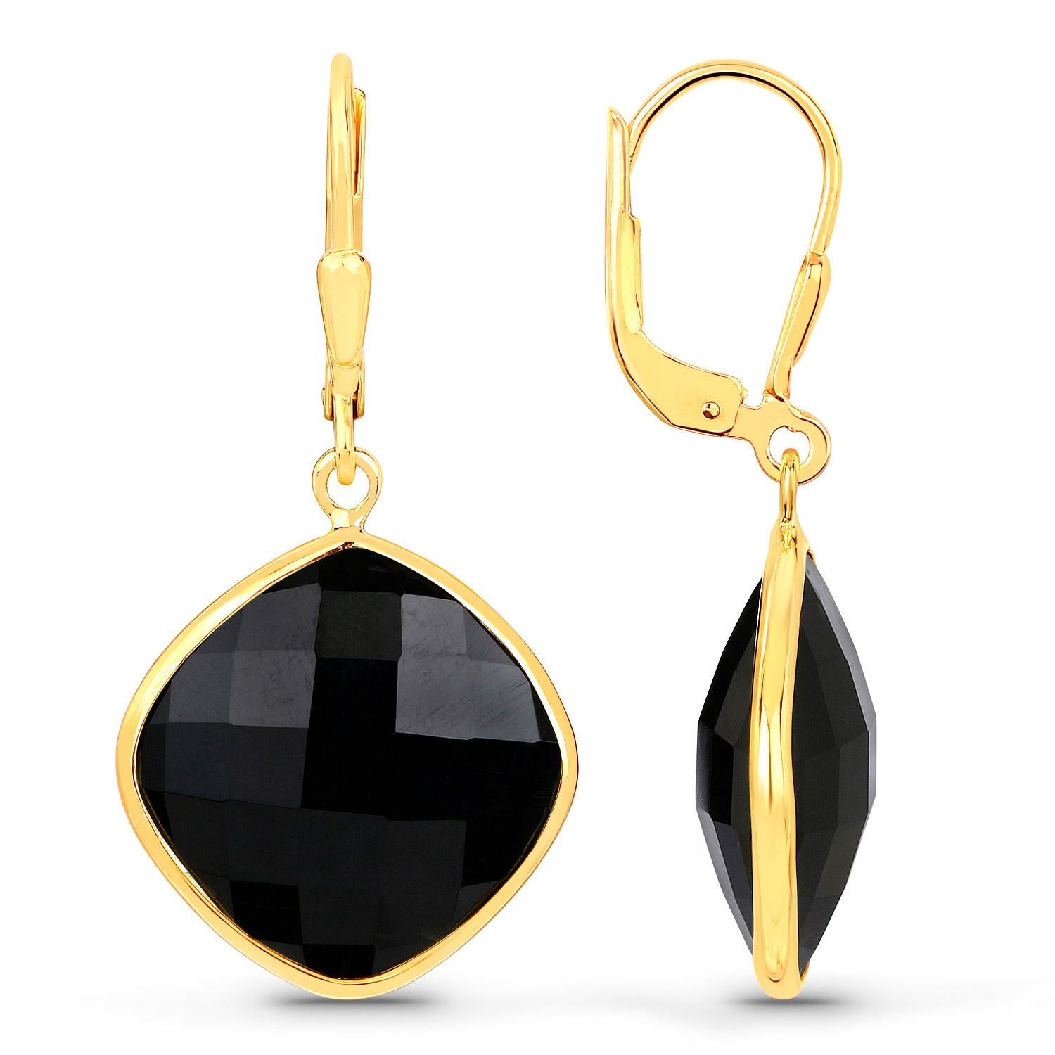Rose Cut Black Onyx Dangle Earrings 19.5 Carats 18K Yellow Gold Plated Sterling Silver For Sale
