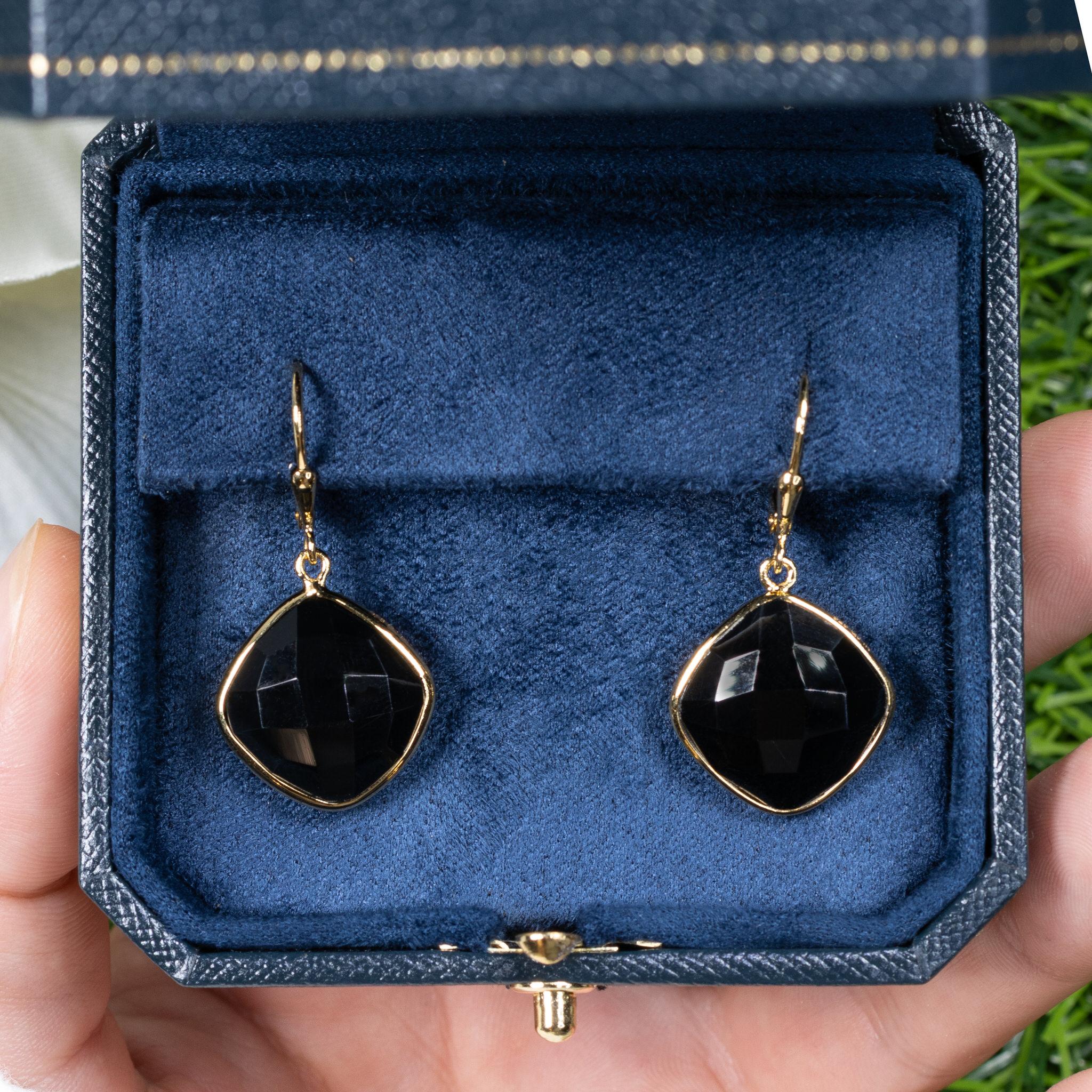 Boucles d'oreilles pendantes en onyx noir 19,5 carats plaqué or jaune 18K A Silver Excellent état - En vente à Aliso Viejo, CA