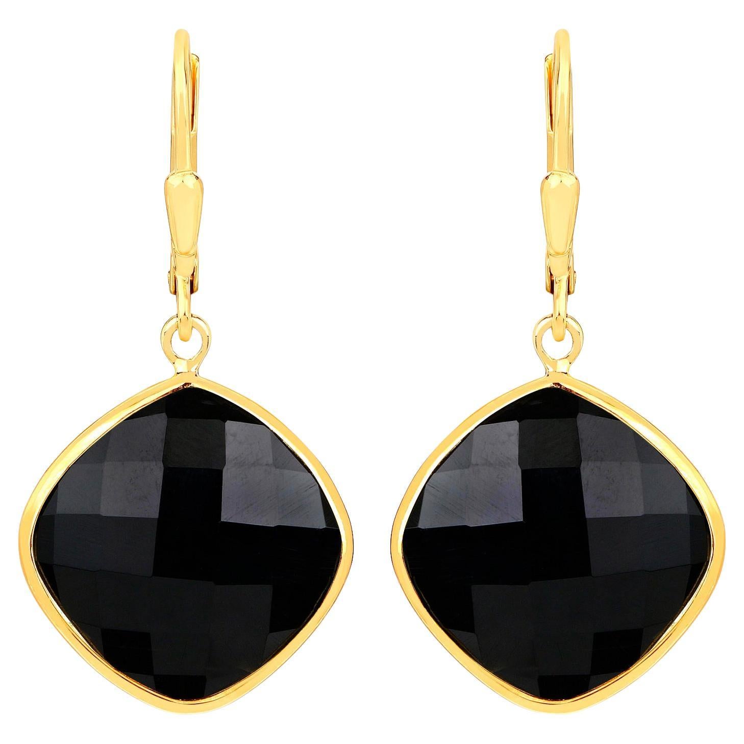 Black Onyx Dangle Earrings 19.5 Carats 18K Yellow Gold Plated Sterling Silver