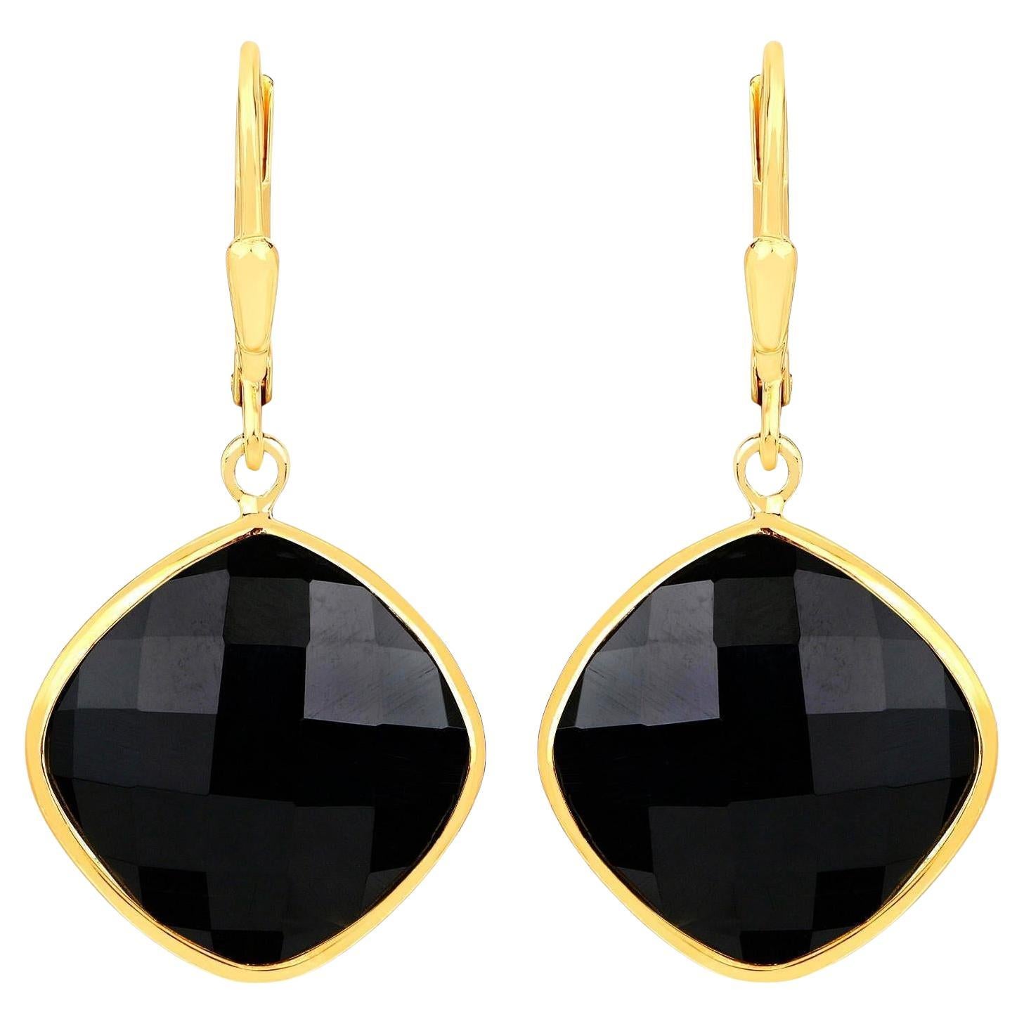 Black Onyx Dangle Earrings 19.5 Carats 18K Yellow Gold Plated Sterling Silver