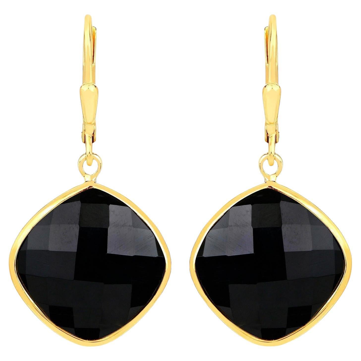 Black Onyx Dangle Earrings 19.5 Carats 18K Yellow Gold Plated Sterling Silver