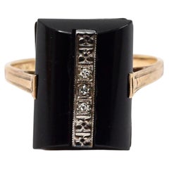 Antique Black Onyx & Diamond 10k Yellow Gold Ring