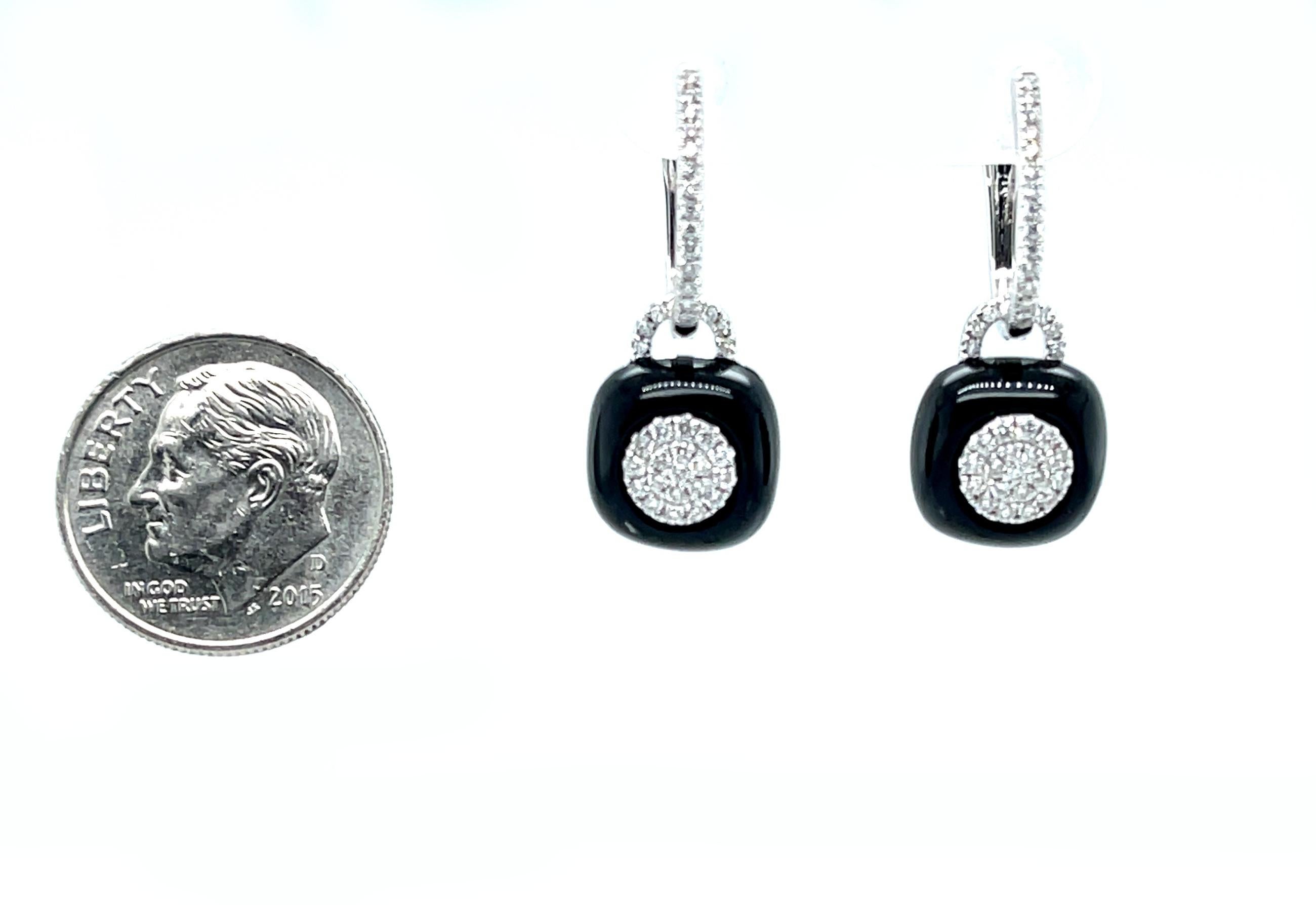 Uncut Black Onyx & Diamond, 18k White Gold Dangle Earrings For Sale