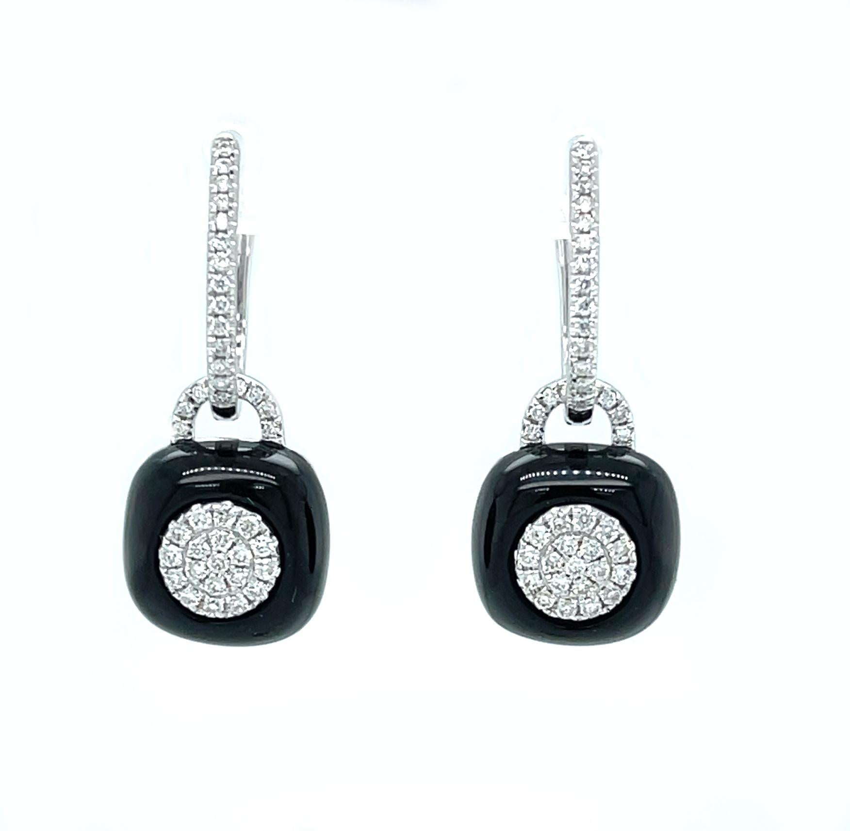 Black Onyx & Diamond, 18k White Gold Dangle Earrings For Sale 2