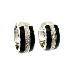 Black Onyx Diamond 18k White Gold Huggie Hoop Earrings