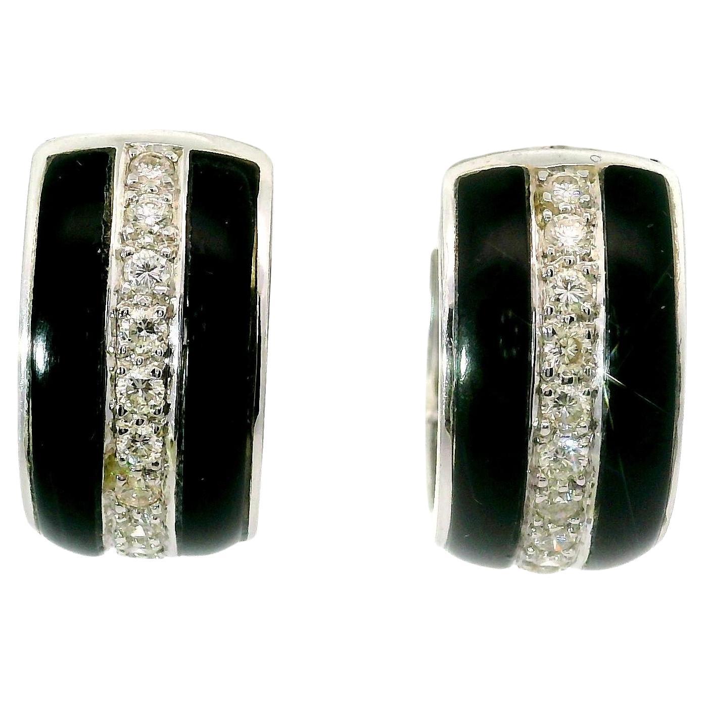Black Onyx Diamond 18k White Gold Huggie Hoop Earrings